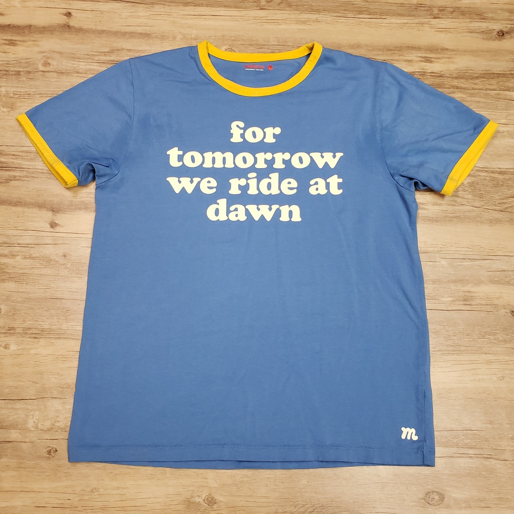 Mañana Shirt Mens Large Blue For Tomorrow We Ride At Dawn Graphic Ringer Tee